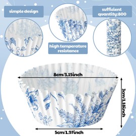 Jetec 800 Pcs Blue and White Flower Cupcake Liners Flower Cupcake Wrappers Grease Proof Blue Muffin Liners Disposable Cupcake Papers Baking Cups for Baking Weddings Party(3.15 x 1.97 x 1.18 Inch)