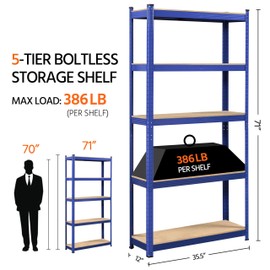 Yaheetech Standing Shelf Units, 5 Tier Storage Shelf, Heavy Duty Shelving, Adjustable Garage Shelves, Utility Rack Shelf Unit, Basement Warehouse Shed, 35.5″W× 12″D × 71″H - Blue
