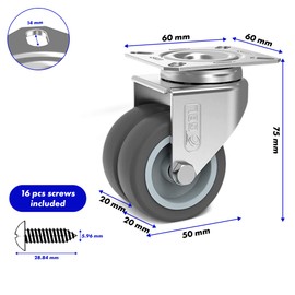 GBL Heavy Duty Castor Wheels + Screws - 50mm Up to 880lbs - 4 Pack No Floor Marks Silent Castor for Furniture - Rubber Covered Trolley Wheels - Silver Casters