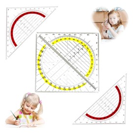 HSYTEK 2 Functions Set Square Small, 4 Pieces Drawing Triangle Protractor 16 cm, Plastic Transparent Set Square Flexible for Circles Drawing for Students Office Stationery Designer Painting
