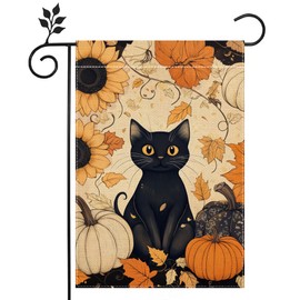 Fall Cat Pumpkin Garden Flag for Outside 12x18 Inch Double Sided Burlap Autumn Thanksgiving Maple Leaf Sunflower Flowers Farmhouse Holiday Rustic Outdoor Yard Flag Home Decorations