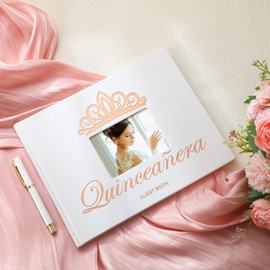 MotiMind Quinceañera Guest Book with Pen 11 x 8 Inch Libro De Firmas Para 15 Años Quinceanera Leather Hardcover Signature Book Guest Sign in for 15th Party Favors Decoration (White,Crown)