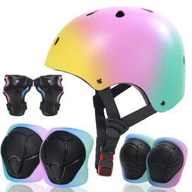 Kids Bike Helmet with Sports Protective Gear Set Knee Elbow Pads Wrist Pads for Bike Skateboard Skating Scooter Rollerblading, Adjustable and Ventilation Helmet Set (Yellow-Pink-Cyan, Small)