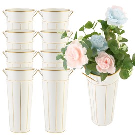 8 Pcs 12 Inch Galvanized Metal Vase with Handles,Metal Tin Flower Bucket for Flower Bar,Home Decor,Wedding Centerpiece,Table Decorations,Unbreakable Tall Vase for Fresh Flowers (1, White（8 pcs）)
