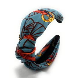 YETASI Knotted Headband for Women, Satin Fabric with a Soft Silk Feel, Vintage-Looking, Features a Vibrant Sky Blue Chain Belt, Fabric Design Includes an Exquisite Baroque Pattern Top Knot Headbands