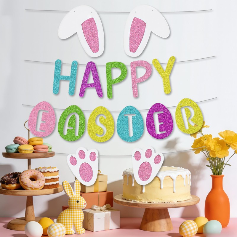Happy Easter Bunny Banner with Bunny Paw Ears and Eggs