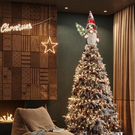 Christmas Tree Topper, Christmas Gnomes Tree Topper with Lights Tree, Christmas Gnomes Lighted Tree Topper, Elf Christmas Tree Decorations with Mini Christmas Tree Design