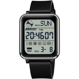 findtime Men's Digital Quartz Watch with Light Date Stopwatch 50 m Waterproof Sports Digital Watch for Men Large Numbers Square Coutdown Dual Time 12/24H, black and white, Strap.