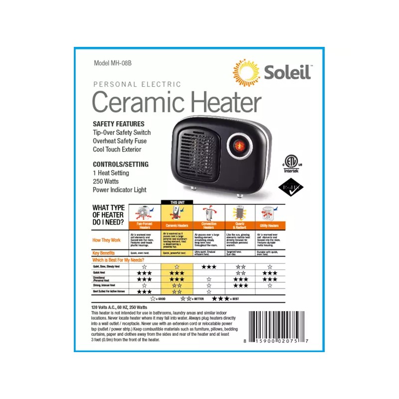 Soleil MH-08B Black Personal Space 250 watt Electric Ceramic Compact