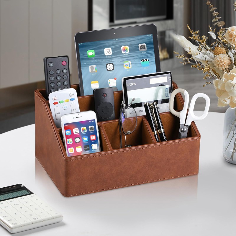 MEIBOOCH PU Leather Desk Organizer, Luxury Remote Control Holder for