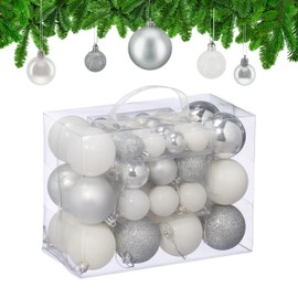 Relaxdays Christmas Baubles Set of 50, Christmas Decoration, Matt, Shiny, Glitter, Tree Baubles Diameter 3, 4 & 6 cm, Silver/White