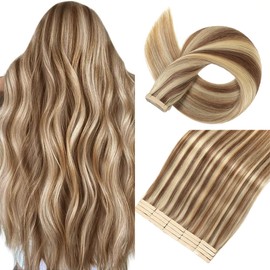 Chestnut Brown Bleach Blonde Tape in Hair Extensions Human Hair,14 Inch Human Hair Tape in Extensions 20Pcs Tape Ins Human Hair Extensions for Women Seamless Tape in Hair Extensions Real Human Hair