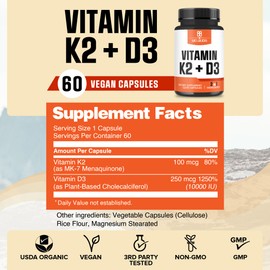 Vitamin K2 and D3 Supplement - 60 Capsules for 2 Months - Support for Natural Bone Health, Energy Production, Circulation Health & Immunity