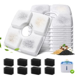 8-Pack Cat Water Fountain Filter Replacement & 8-Pack Pre-Filter Sponges for Square 84oz/2.5L Automatic Cat Fountain Dog Water Dispenser, Triple Filtration System Activated Carbon for Pet Fountain