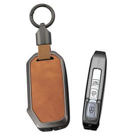 ontto Car Key Fob Cover Case fit for KIA Sportage R GT Stinger Sorento Ceed Cerato Forte Niro Soul Telluride Smart Key holder Metal Leather Shell keyring keychain bag accessories 3/4 buttons Brown A