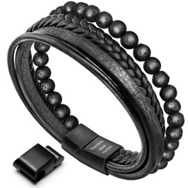 murtoo Mens Bead Leather Bracelet, Natural Bead, Steel and Leather Bracelet for Men Christmas Gift (Lava black, 8.85)