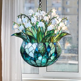 Floral Acrylic Stained Glass Suncatcher Indoor Colorful Window Hanging Ornament Outdoor Sun Catcher Panel for Home Decor Car Garden Crystal Gift Faux Mosaic Lily of The Valley Suncatcher