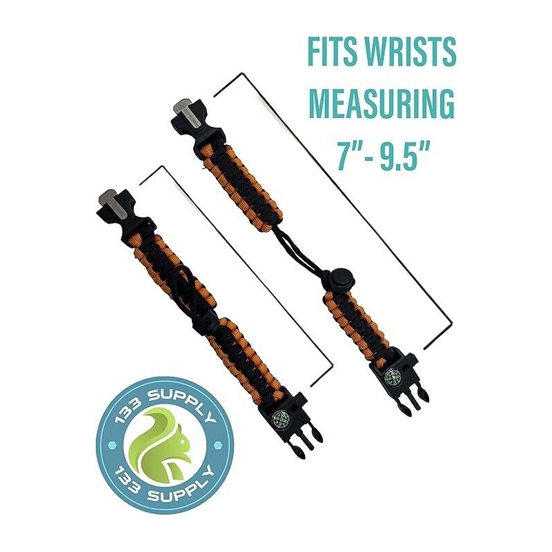 133 SUPPLY 2 PK Survival Paracord Bracelet Compass Hiking Whistle