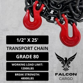 Falcon Cargo 1/2" X 25' Grade 80 Transport Binder Chain - 12,000 LBS WLL - Clevis Grab Hook, Tie-Down, Towing
