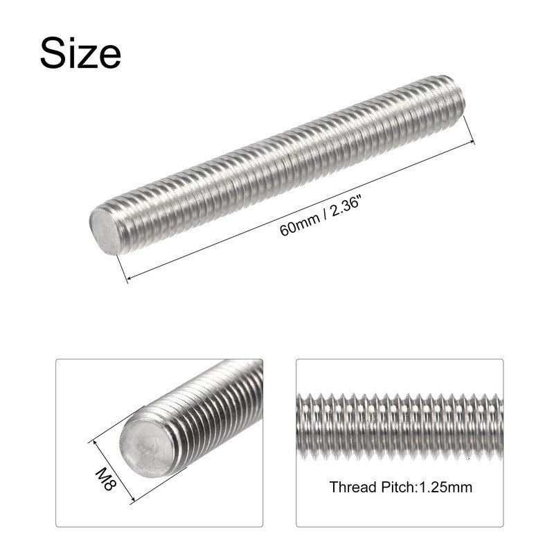 sourcing map 5Pcs M8 x 60mm Fully Threaded Rod 304