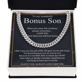 GLAVICY To My Bonus Son Necklace Gifts, Gift For Bonus Son Cuban Link Chain Necklace, Bonus Son Cuban Necklace, Bonus Son Jewelry, Necklace For Bonus Son From Mom or Dad, Christmas Gift Bonus Son