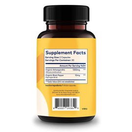 Checkable Health Ashwagandha Supplements - Naturally Supports Improvement for Mood, Immune Health, Memory, and Focus - 1310 mg of Organic Ashwagandha and Black Pepper - 180 Capsules