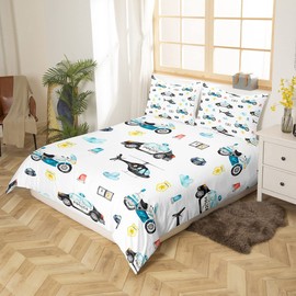 Kids Police Car Duvet Cover Set Single Size,2 Pieces Breathable Policeman Motorcycle Bedding Sets(1 Duvet Cover+1 Pillowcase),Children Blue Red White Printed Comforter Cover Set for Teens Boys