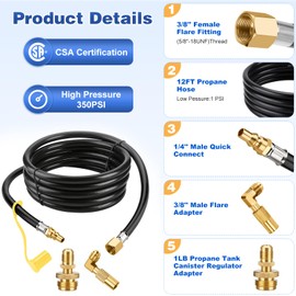 WADEO 12 FT Propane Quick Connect Hose for RV to Gas Grill, Converter Replacement for 1 LB Portable Appliance or Blackstone 17" and 22" Griddle to RV 1/4" Female Quick Disconnect