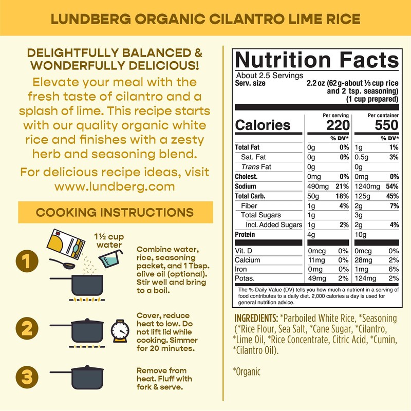 Lundberg Organic White Rice Entree, Cilantro Lime, 5.5oz, Gluten-Free, Vegan,