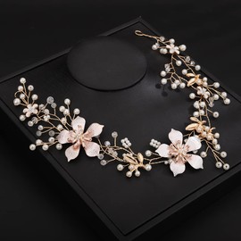 Teyglen Gold Flower Wedding Headband Hair Vine Bridal Leaf Pearl Headpieces Handmade Floral Hair Pieces Hair Accessories for Bridesmaid Women Flower Girl