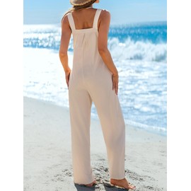 CUPSHE Women's Jumpsuit Square Neck Overall Sleeveless Belted Wide Leg Summer Casual Playsuit with Pockets Beige M