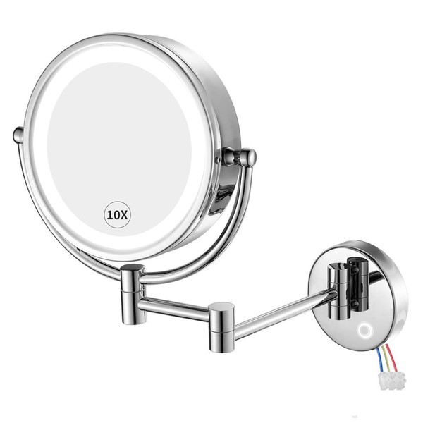 GURUN Wall Mounted Hardwired Makeup Mirror with 3 Tones Dimmable LED Lights 10x Magnifying Mirror with Touch Control for Bathroom Bedroom 13" Extendable Arm Direct Wire M1809D-T(10x,Chrome)