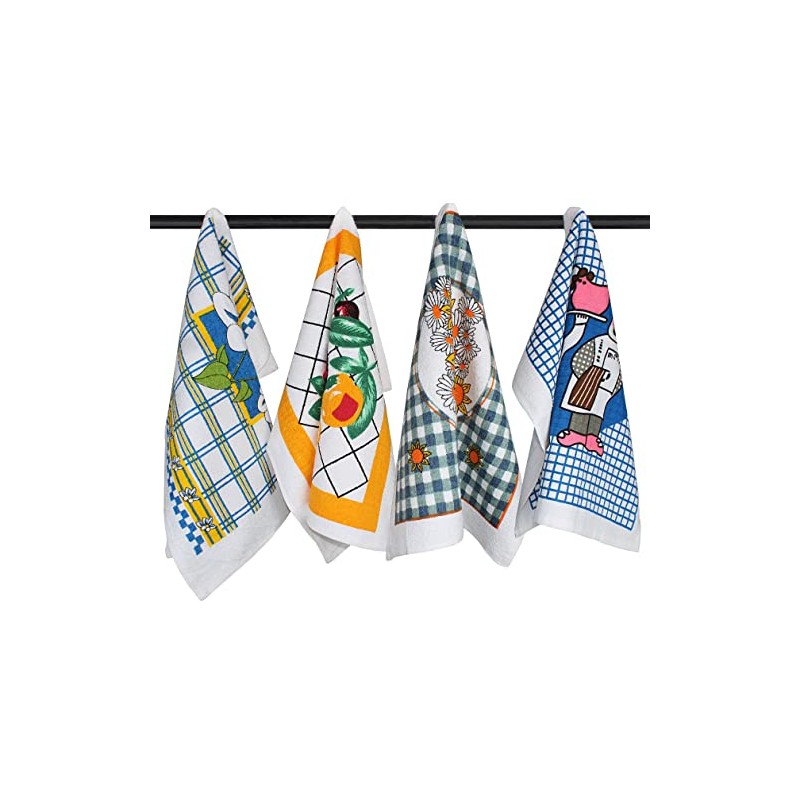 Set of 4 Terry Tea Towels, Vintage Printed Kitchen Dish