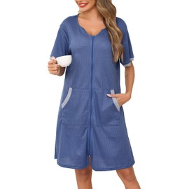 Lovasy Women's Zip Robes Waffle Dressing Gowns for Women UK Short Sleeve Bath Robe Summer Ladies Dressing Gowns Lightweight Zip Up Dressing Gown Knee Length Housecoat with Pockets,Blue,L