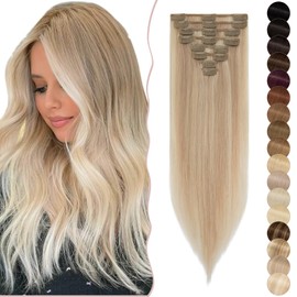 SEGO Clip-in real hair extensions, 8-piece set, 100% human Remy human hair, soft, silky, thin, straight, 18 inches (45 cm), 70 g, light blonde highlights, ash blonde #16/22