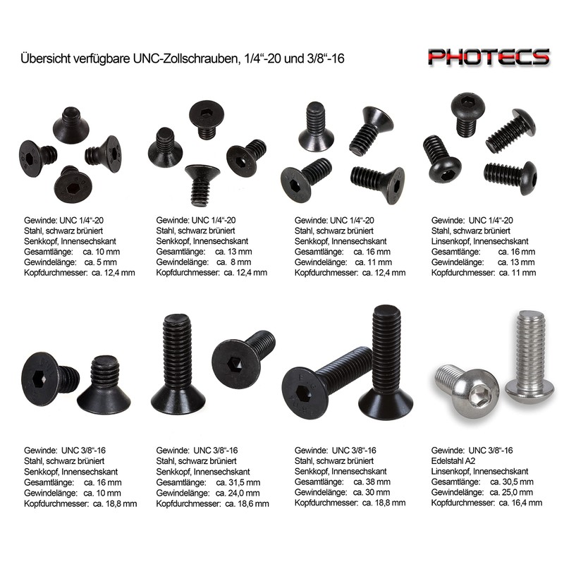Photecs Countersunk Screws UNC 3/8-16 Inch Thread (Pack of 2),