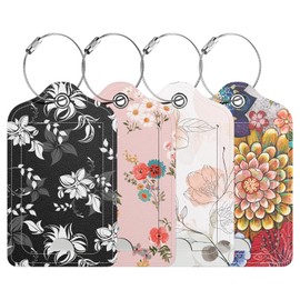 Hsxnam 4 Pack PU Leather Luggage Tags for Suitcase, Travel Cruise Luggage Tag with Privacy Flap, Name ID Label and Metal Loop for Women Men Baggage Handbag School Bag Backpack, Tropical Plants