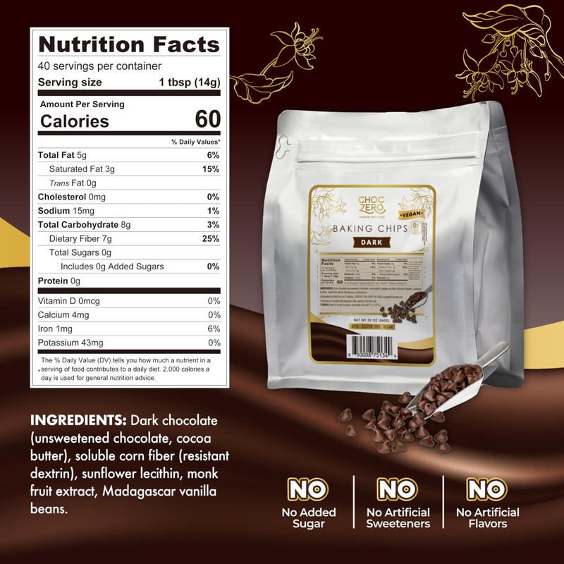 ChocZero Dark Chocolate Chips, Sugar Free, Vegan, Keto & Low