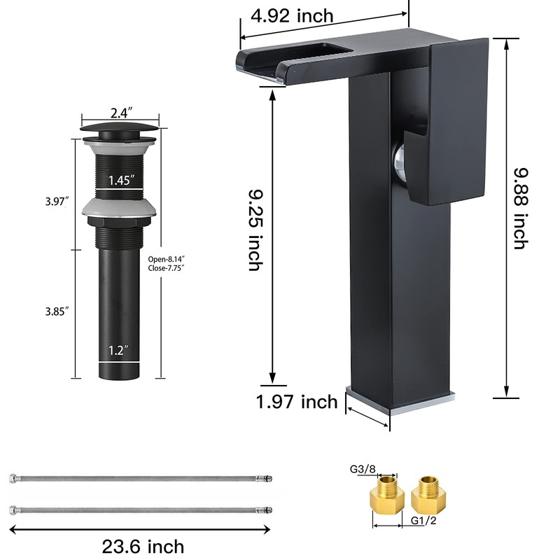 Black Bathroom Vessel Faucet Led Light 3 Color Changing Waterfall