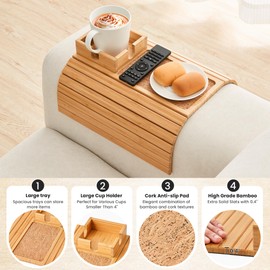 LOVYANXUE Bamboo Sofa Arm Tray Table, Foldable Couch Cup Holder, Anti-Slip Wide Couch Arm Tray Aremrest Table for Drink, Cup, Remote, Snacks, Cellphone, Portable, Bamboo/Cork Color