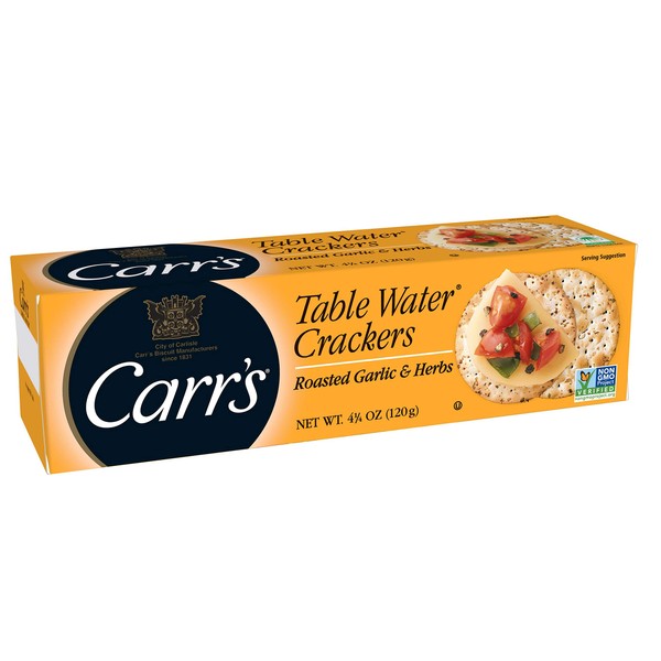 Carr's Table Water Crackers, Baked Snack Crackers, Party Snacks, Roasted Garlic and Herbs, 4.5oz Box (1 Box)