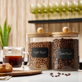 Set of 2 Large Glass Canisters for Kitchen Counter with Airtight Bamboo Lids + Marker & Labels - Cookie Jars with Wooden Lid, Food Storage Containers for Pantry, Flour Pasta Candy Coffee Pods - 68oz.