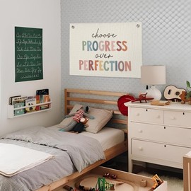 Wheatwin Positive Motivational Wall Decor, Progress Over Perfection Banner, Boho Classroom Decor, Linen Banner Wall Hanging Canvas Banner Flag Decor for School Playroom Classroom