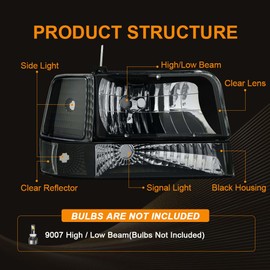 DimFlux Headlight Assembly Headlights Kit Compatible with 1992-1996 Ford F150 F250 F350/1992-1996 Bronco Replacement Headlamp Bumper Lamp Set Black Housing Clear Reflector