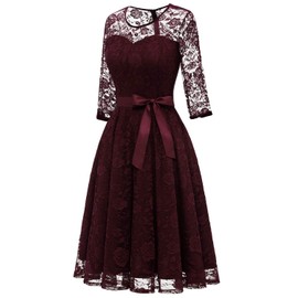 Dressystar 0017 Women's Elegant Floral Lace Dress 3/4 Sleeves Bridesmaid Midi Dresses Illusion Neckline Burgundy XXXL