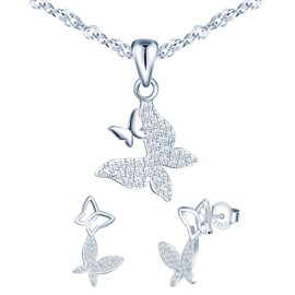 MICMIF Jewellery Set 925 Silver Women's Necklace Earrings Necklace Butterfly Pendant Stud Earrings Butterfly with Zircon 45 cm Chain Length Elegant Jewellery for Party/Anniversary/Birthday, Sterling