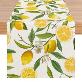 Kiatuniya Lemon Table Runner Orange Yellow Lemon Decorative Table Runner Spring Summer Short Table Decoration Green Leaf Flower Table Runner Washable Kitchen Dining Table Holiday Party Decoration 40 x