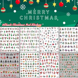 8 Sheets Christmas Nail Art Stickers 3D Self-Adhesive Nail Decals Xmas Tree Santa Claus Snowman Reindeer Nail Decals Designs Nails Accessories Winter Nail Stickers for Women Holiday Manicure Decor