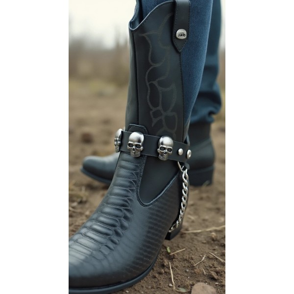 Unbranded Men Biker Boot Silver Chain Black Faux Leather 2PCS