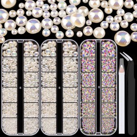 4000 PCS Half Round Pearls and Rhinestones, Flat Back Beige AB Half Pearls and AB Round Crystal Gem Kit with Tweezer and Pickup Pencil for Nail Art and DIY Decoration